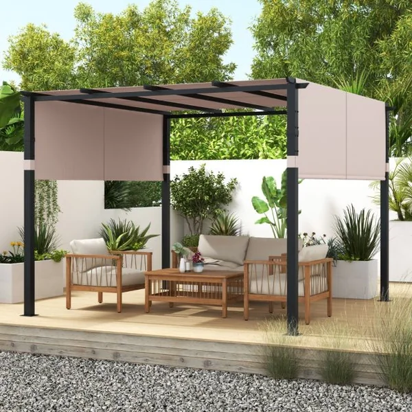 Pergola Rétractable 305 x 305 CM Pergola Métallique à Toit Plat pour Patio avec Auvent Rétractable 2 Couvre-soleils à Enrouleur Beige