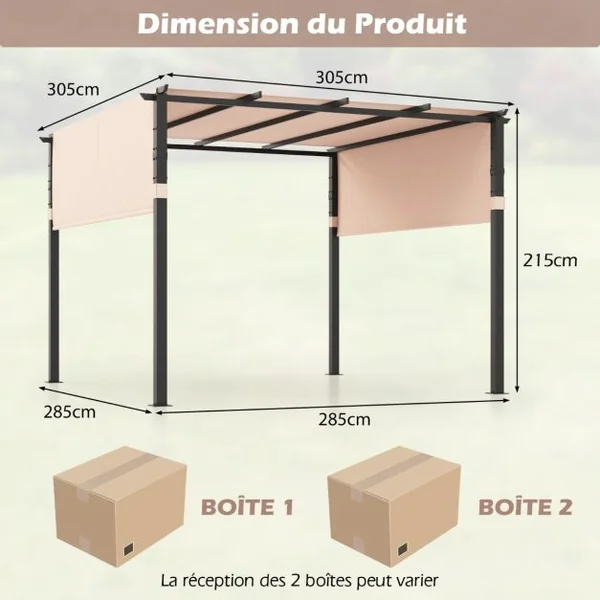 Pergola Rétractable 305 x 305 CM Pergola Métallique à Toit Plat pour Patio avec Auvent Rétractable 2 Couvre-soleils à Enrouleur Beige