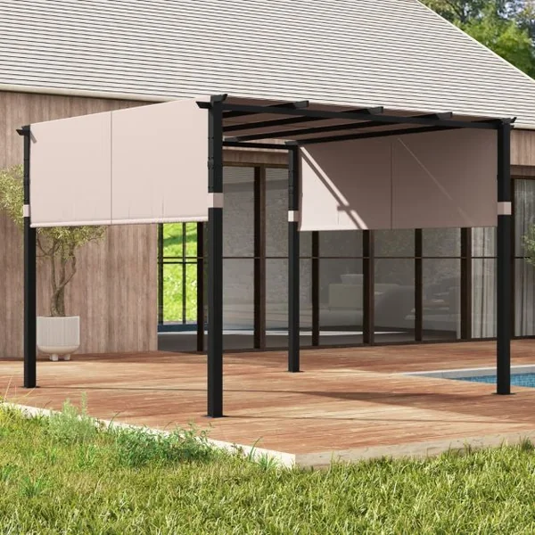 Pergola Rétractable 305 x 305 CM Pergola Métallique à Toit Plat pour Patio avec Auvent Rétractable 2 Couvre-soleils à Enrouleur Beige