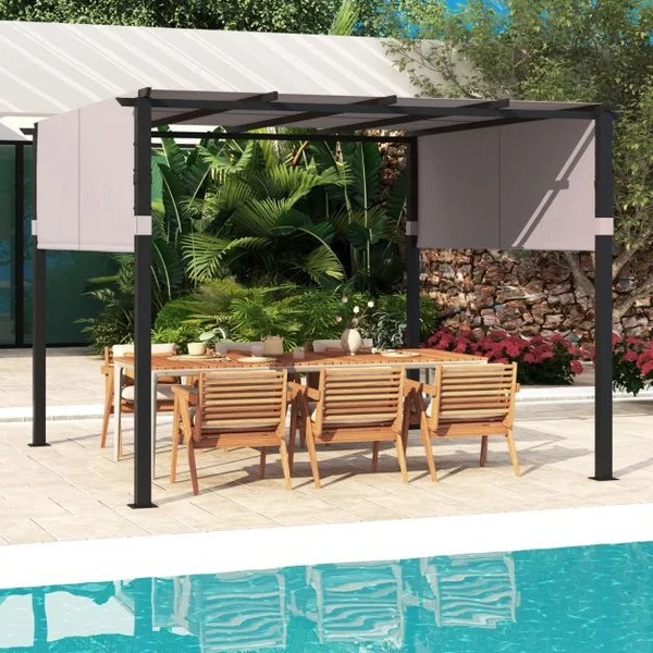 Pergola Rétractable 305 x 305 CM Pergola Métallique à Toit Plat pour Patio avec Auvent Rétractable 2 Couvre-soleils à Enrouleur Beige