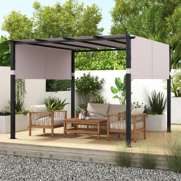 Pergola Rétractable 305 x 305 CM Pergola Métallique à Toit Plat pour Patio avec Auvent Rétractable 2 Couvre-soleils à Enrouleur Beige