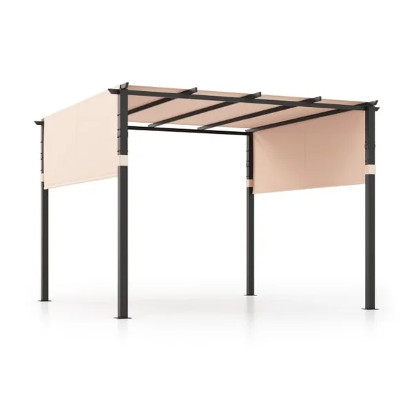Pergola Rétractable 305 x 305 CM Pergola Métallique à Toit Plat pour Patio avec Auvent Rétractable 2 Couvre-soleils à Enrouleur Beige