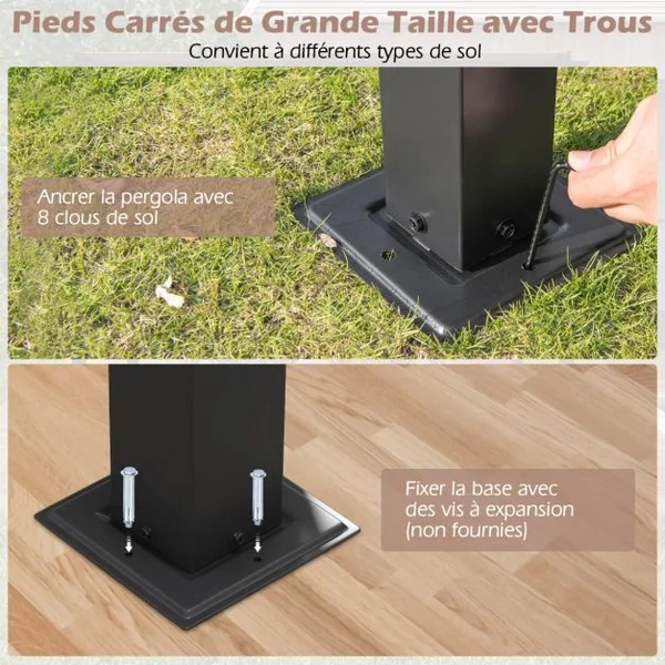 Pergola Rétractable 305 x 305 CM Pergola Métallique à Toit Plat pour Patio avec Auvent Rétractable 2 Couvre-soleils à Enrouleur Beige