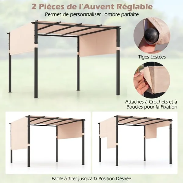 Pergola Rétractable 305 x 305 CM Pergola Métallique à Toit Plat pour Patio avec Auvent Rétractable 2 Couvre-soleils à Enrouleur Beige