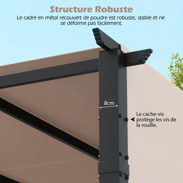 Pergola Rétractable 305 x 305 CM Pergola Métallique à Toit Plat pour Patio avec Auvent Rétractable 2 Couvre-soleils à Enrouleur Beige