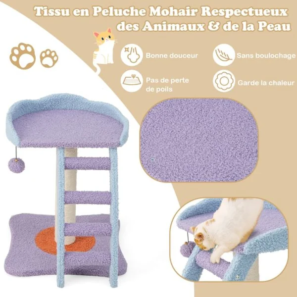 Petit Arbre à Chat 48,5 CM avec Grande Plateforme Centre d'Activités pour Chaton avec Boule en Peluche et Cloche Violet