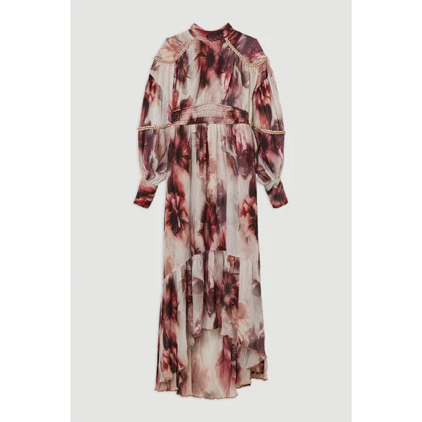 Petite robe maxi tissée à motifs floraux froissée avec dos lacé et embellissements