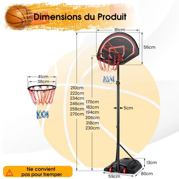 Pianer de Basket Extérieur pour Enfants avec Hauteur Réglable Support de Panier de Basket sur Pied Base Stable & 2 Roues pour Enfants de 6 Ans+