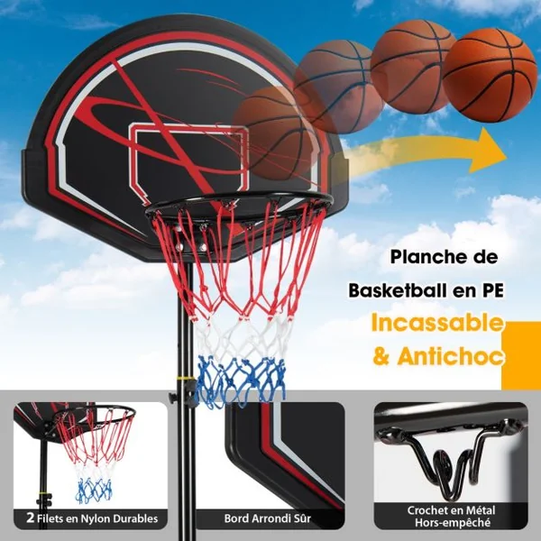 Pianer de Basket Extérieur pour Enfants avec Hauteur Réglable Support de Panier de Basket sur Pied Base Stable & 2 Roues pour Enfants de 6 Ans+