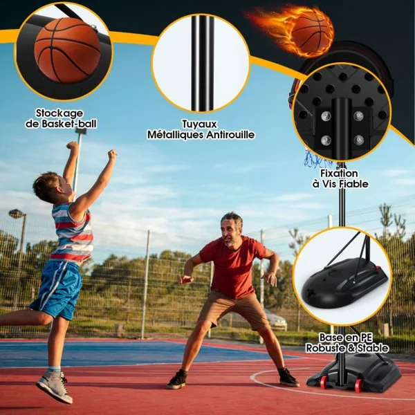 Pianer de Basket Extérieur pour Enfants avec Hauteur Réglable Support de Panier de Basket sur Pied Base Stable & 2 Roues pour Enfants de 6 Ans+
