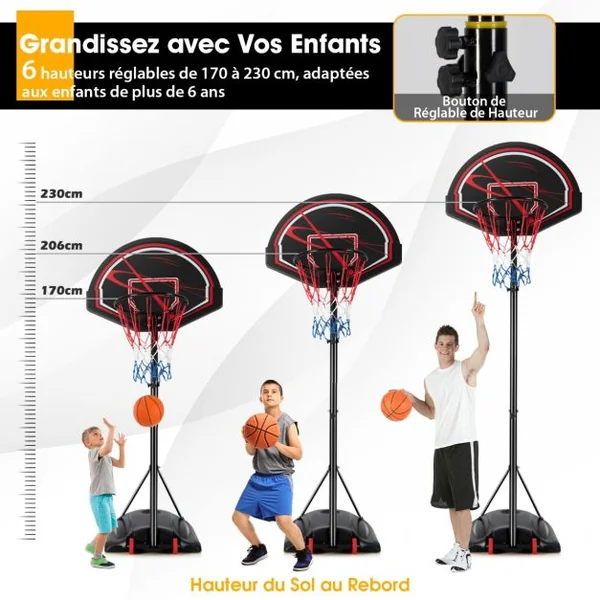 Pianer de Basket Extérieur pour Enfants avec Hauteur Réglable Support de Panier de Basket sur Pied Base Stable & 2 Roues pour Enfants de 6 Ans+