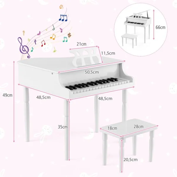 Piano Numérique 30 Touches pour Enfants avec Tabouret & Pupitre Clavier Electronique en Bois de Bouleau pour Enfants de 3-8 Ans Blanc