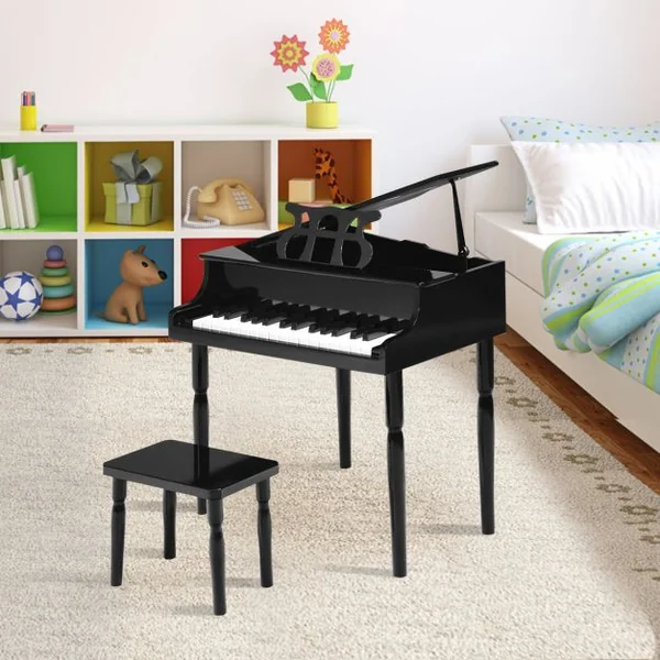 Piano Numérique 30 Touches pour Enfants avec Tabouret & Pupitre Clavier Electronique en Bois de Bouleau pour Enfants de 3-8 Ans Noir