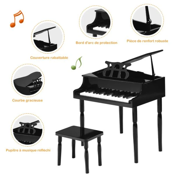 Piano Numérique 30 Touches pour Enfants avec Tabouret & Pupitre Clavier Electronique en Bois de Bouleau pour Enfants de 3-8 Ans Noir