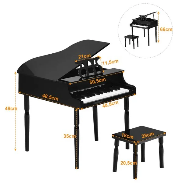 Piano Numérique 30 Touches pour Enfants avec Tabouret & Pupitre Clavier Electronique en Bois de Bouleau pour Enfants de 3-8 Ans Noir