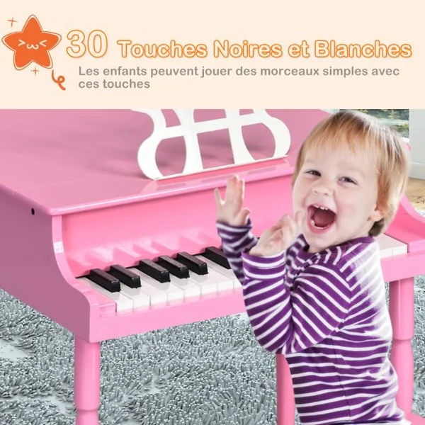 Piano Numérique 30 Touches pour Enfants avec Tabouret & Pupitre Clavier Electronique en Bois de Bouleau pour Enfants de 3-8 Ans Rose