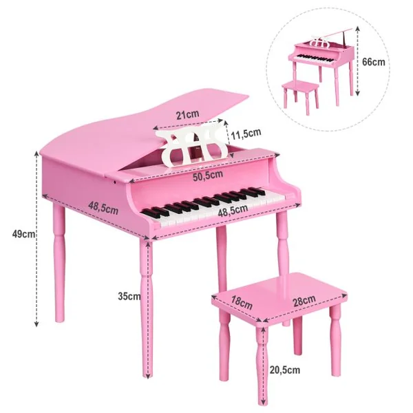 Piano Numérique 30 Touches pour Enfants avec Tabouret & Pupitre Clavier Electronique en Bois de Bouleau pour Enfants de 3-8 Ans Rose