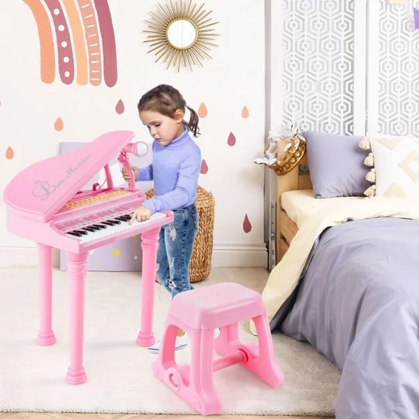 Piano Numérique 31 Touches avec Tabouret & Microphone Piano Electronique avec Mode d'Enseignement LED & MP3 pour Enfants 3 Ans Rose/Blanc/Noir