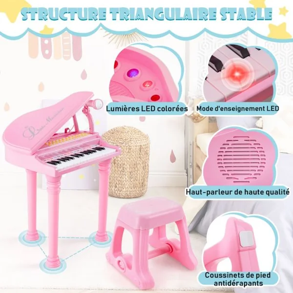 Piano Numérique 31 Touches avec Tabouret & Microphone Piano Electronique avec Mode d'Enseignement LED & MP3 pour Enfants 3 Ans Rose/Blanc/Noir