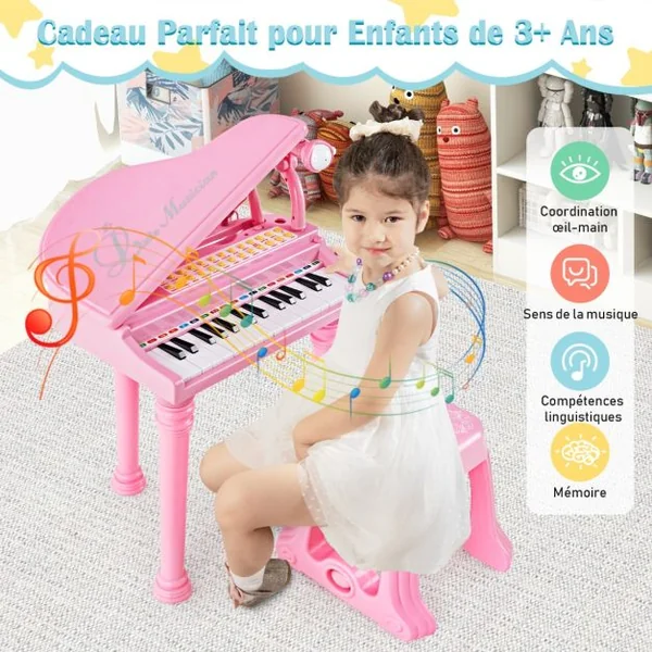 Piano Numérique 31 Touches avec Tabouret & Microphone Piano Electronique avec Mode d'Enseignement LED & MP3 pour Enfants 3 Ans Rose/Blanc/Noir