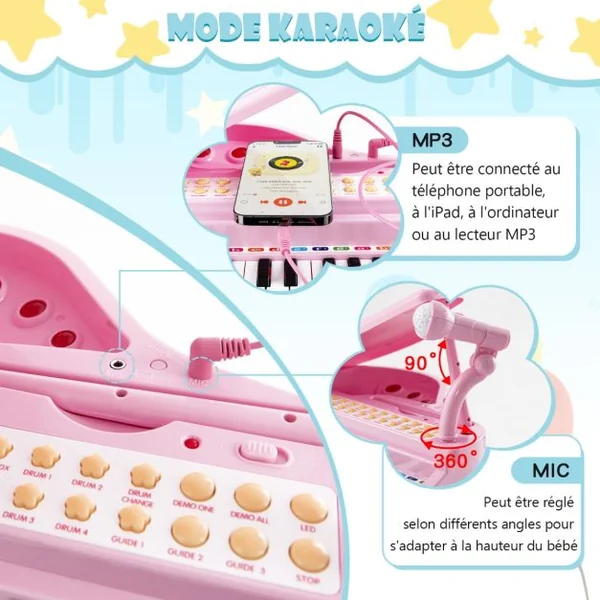 Piano Numérique 31 Touches avec Tabouret & Microphone Piano Electronique avec Mode d'Enseignement LED & MP3 pour Enfants 3 Ans Rose/Blanc/Noir