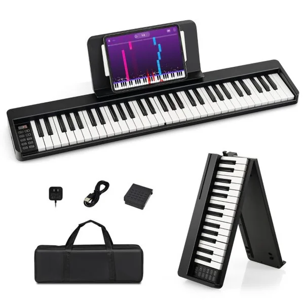 Piano Numérique 61 Touches Pliable avec 128 Sons & 128 Rythmes Clavier Électronique Portable avec Fonction Bluetooth Haut-Parleurs & Pédale de Sustain