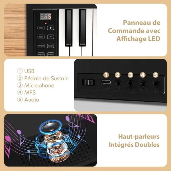 Piano Numérique 61 Touches Pliable avec 128 Sons & 128 Rythmes Clavier Électronique Portable avec Fonction Bluetooth Haut-Parleurs & Pédale de Sustain