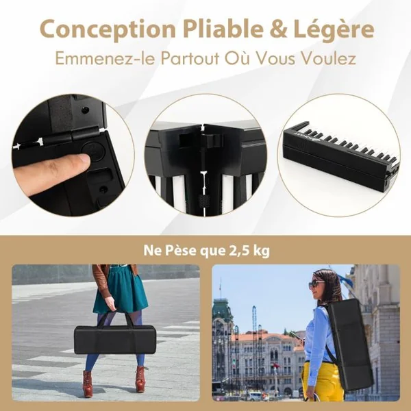Piano Numérique 61 Touches Pliable avec 128 Sons & 128 Rythmes Clavier Électronique Portable avec Fonction Bluetooth Haut-Parleurs & Pédale de Sustain