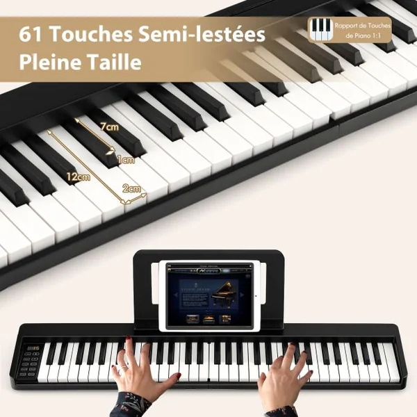 Piano Numérique 61 Touches Pliable avec 128 Sons & 128 Rythmes Clavier Électronique Portable avec Fonction Bluetooth Haut-Parleurs & Pédale de Sustain