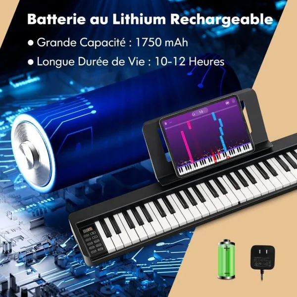Piano Numérique 61 Touches Pliable avec 128 Sons & 128 Rythmes Clavier Électronique Portable avec Fonction Bluetooth Haut-Parleurs & Pédale de Sustain