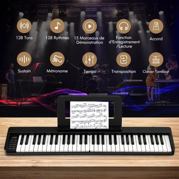 Piano Numérique 61 Touches Pliable avec 128 Sons & 128 Rythmes Clavier Électronique Portable avec Fonction Bluetooth Haut-Parleurs & Pédale de Sustain
