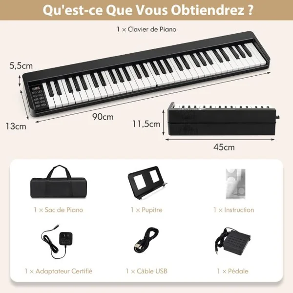 Piano Numérique 61 Touches Pliable avec 128 Sons & 128 Rythmes Clavier Électronique Portable avec Fonction Bluetooth Haut-Parleurs & Pédale de Sustain