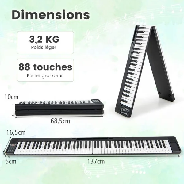 Piano Numérique Pliable à 88 Touches avec Fonction Bluetooth MIDI Clavier Électronique Portable avec Pédale de Sustain Sac de Transport
