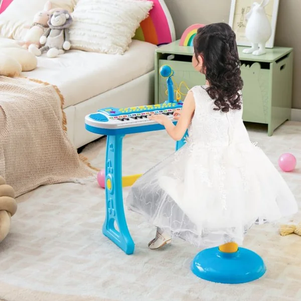 Piano pour Enfants de 3+ Ans avec 31 Touches Tabouret Microphone Effets Lumineux 8 Tonalités 7 Rythmes 45x23x45cm Bleu