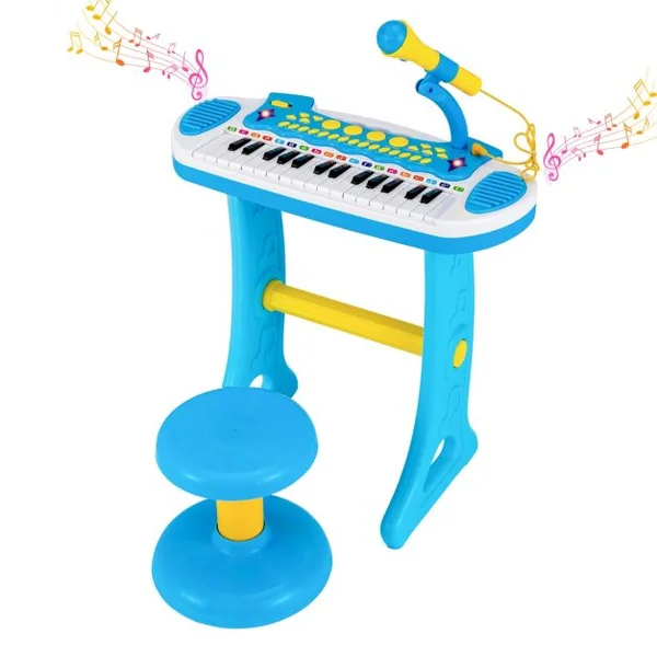 Piano pour Enfants de 3+ Ans avec 31 Touches Tabouret Microphone Effets Lumineux 8 Tonalités 7 Rythmes 45x23x45cm Bleu