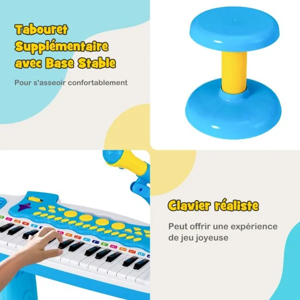 Piano pour Enfants de 3+ Ans avec 31 Touches Tabouret Microphone Effets Lumineux 8 Tonalités 7 Rythmes 45x23x45cm Bleu