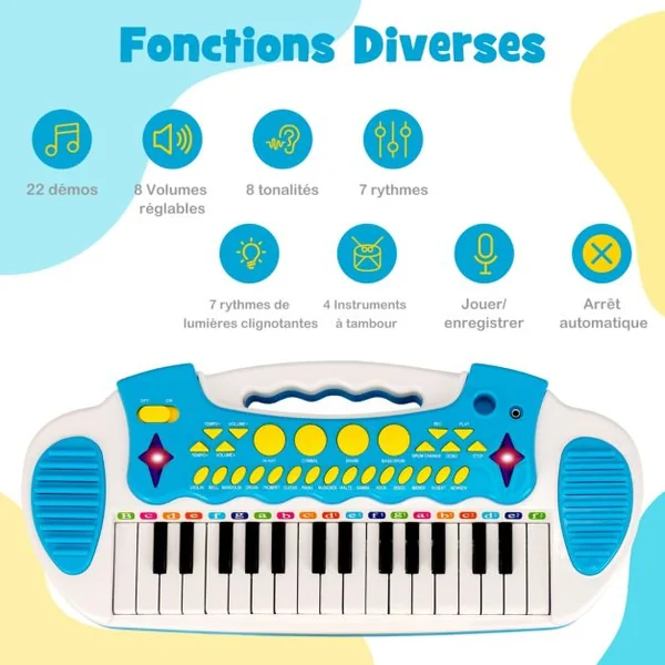 Piano pour Enfants de 3+ Ans avec 31 Touches Tabouret Microphone Effets Lumineux 8 Tonalités 7 Rythmes 45x23x45cm Bleu