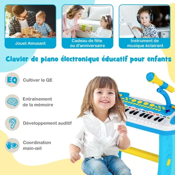 Piano pour Enfants de 3+ Ans avec 31 Touches Tabouret Microphone Effets Lumineux 8 Tonalités 7 Rythmes 45x23x45cm Bleu