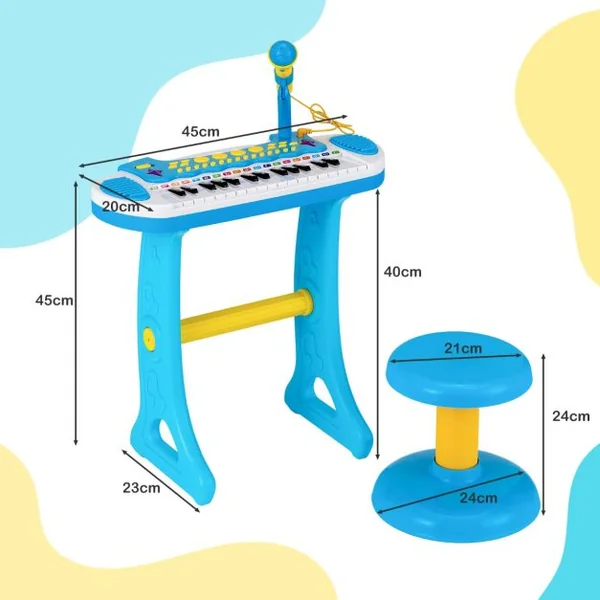 Piano pour Enfants de 3+ Ans avec 31 Touches Tabouret Microphone Effets Lumineux 8 Tonalités 7 Rythmes 45x23x45cm Bleu
