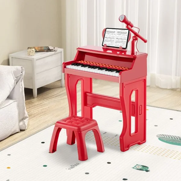 Piano pour Enfants à 37 Touches Instrument Musical Électronique avec Microphone Réglable Support de Partitions Détachable et Tabouret Noir/Rouge