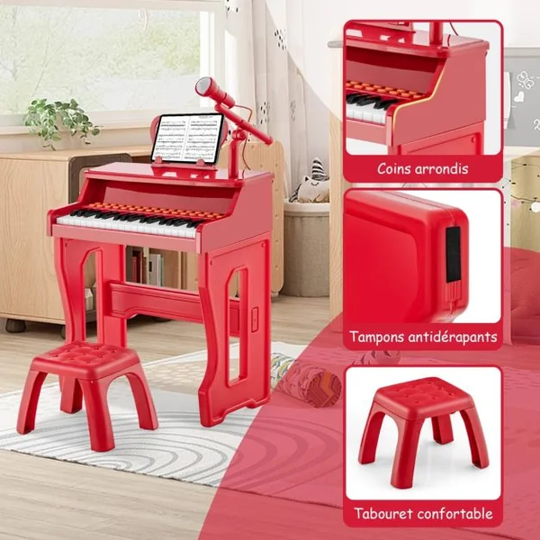 Piano pour Enfants à 37 Touches Instrument Musical Électronique avec Microphone Réglable Support de Partitions Détachable et Tabouret Noir/Rouge