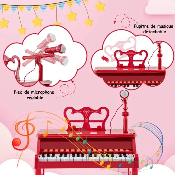 Piano pour Enfants à 37 Touches Instrument Musical Électronique avec Microphone Réglable Support de Partitions Détachable et Tabouret Noir/Rouge