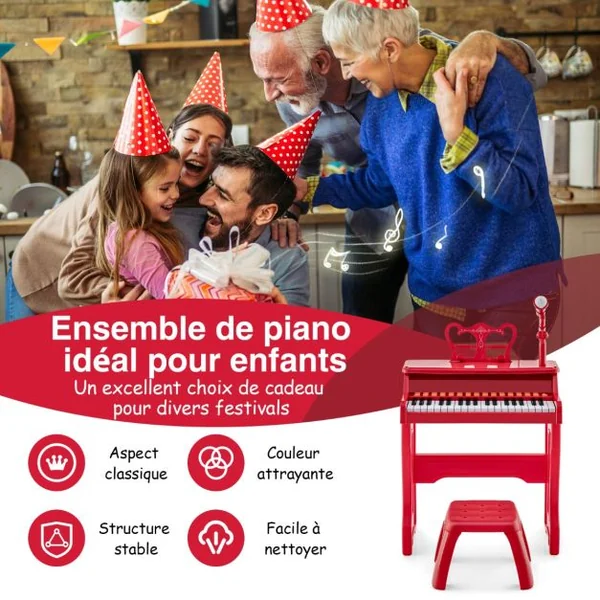 Piano pour Enfants à 37 Touches Instrument Musical Électronique avec Microphone Réglable Support de Partitions Détachable et Tabouret Noir/Rouge