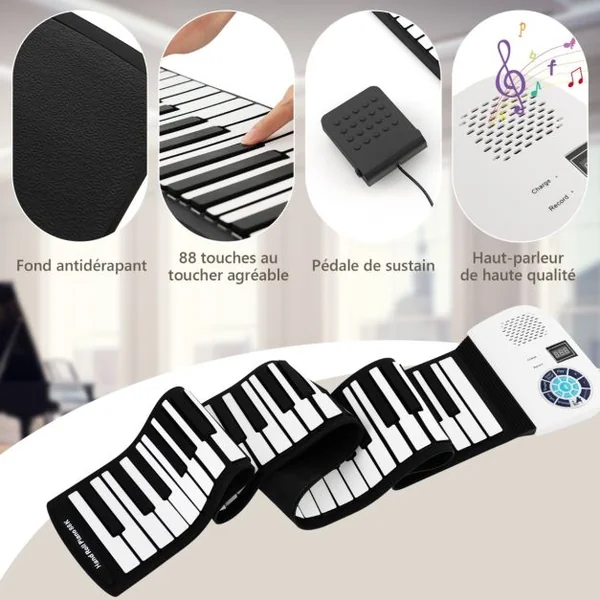 Piano à 88 Touches avec 128 Rythmes et 128 Sons Clavier Électronique avec Fonction MIDI Pédale de Sustain pour Enfants de 3 Ans+ Blanc
