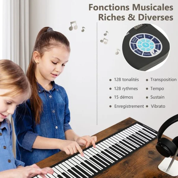 Piano à 88 Touches avec 128 Rythmes et 128 Sons Clavier Électronique avec Fonction MIDI Pédale de Sustain pour Enfants de 3 Ans+ Blanc