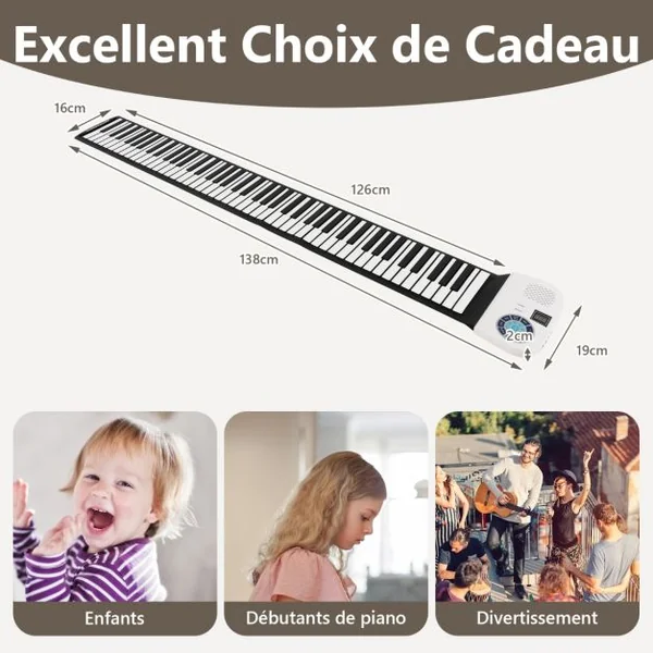 Piano à 88 Touches avec 128 Rythmes et 128 Sons Clavier Électronique avec Fonction MIDI Pédale de Sustain pour Enfants de 3 Ans+ Blanc