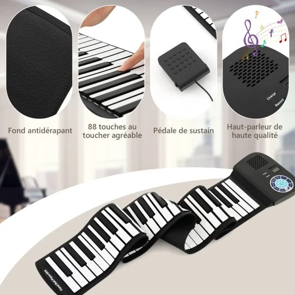 Piano à 88 Touches avec 128 Rythmes et 128 Sons Clavier Électronique avec Fonction MIDI Pédale de Sustain pour Enfants de 3 Ans+ Noir