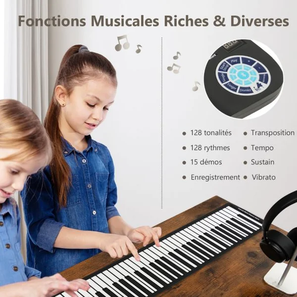 Piano à 88 Touches avec 128 Rythmes et 128 Sons Clavier Électronique avec Fonction MIDI Pédale de Sustain pour Enfants de 3 Ans+ Noir