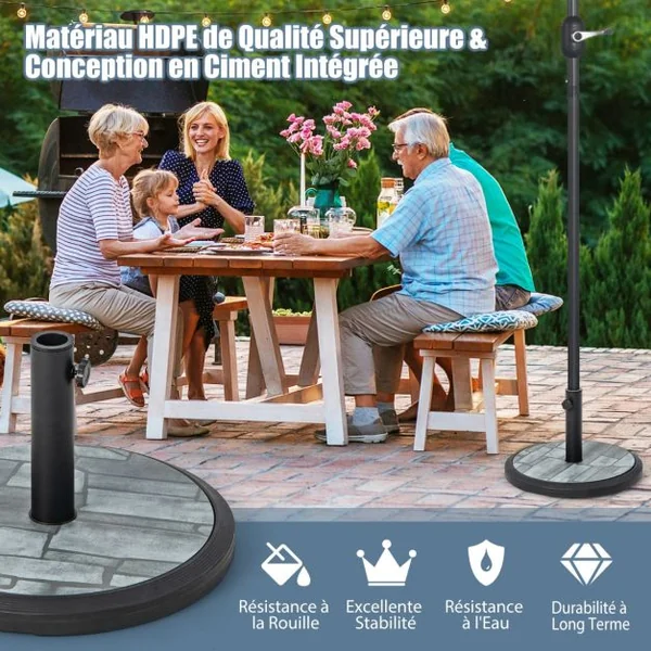 Pied de Parasol Beton φ48CM 15 KG Pied de Parasol Lourd avec 3 Adaptateurs Surface Virée Tube en Fer pour Poteaux de Parasol 35/38/48 mm