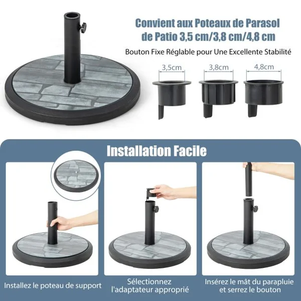 Pied de Parasol Beton φ48CM 15 KG Pied de Parasol Lourd avec 3 Adaptateurs Surface Virée Tube en Fer pour Poteaux de Parasol 35/38/48 mm
